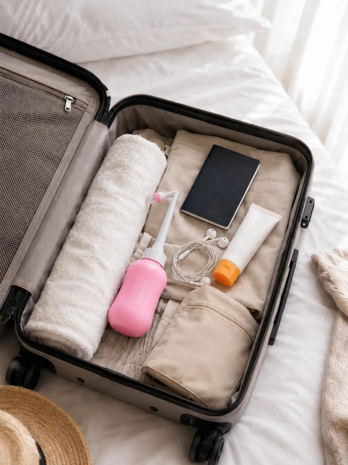 Bidet portable Odeau dans une valise de voyage ouverte