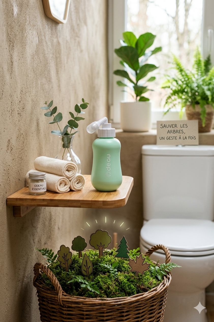 Bidet portable Odeau écologique pour réduire la consommation de papier toilette et protéger l'environnement.